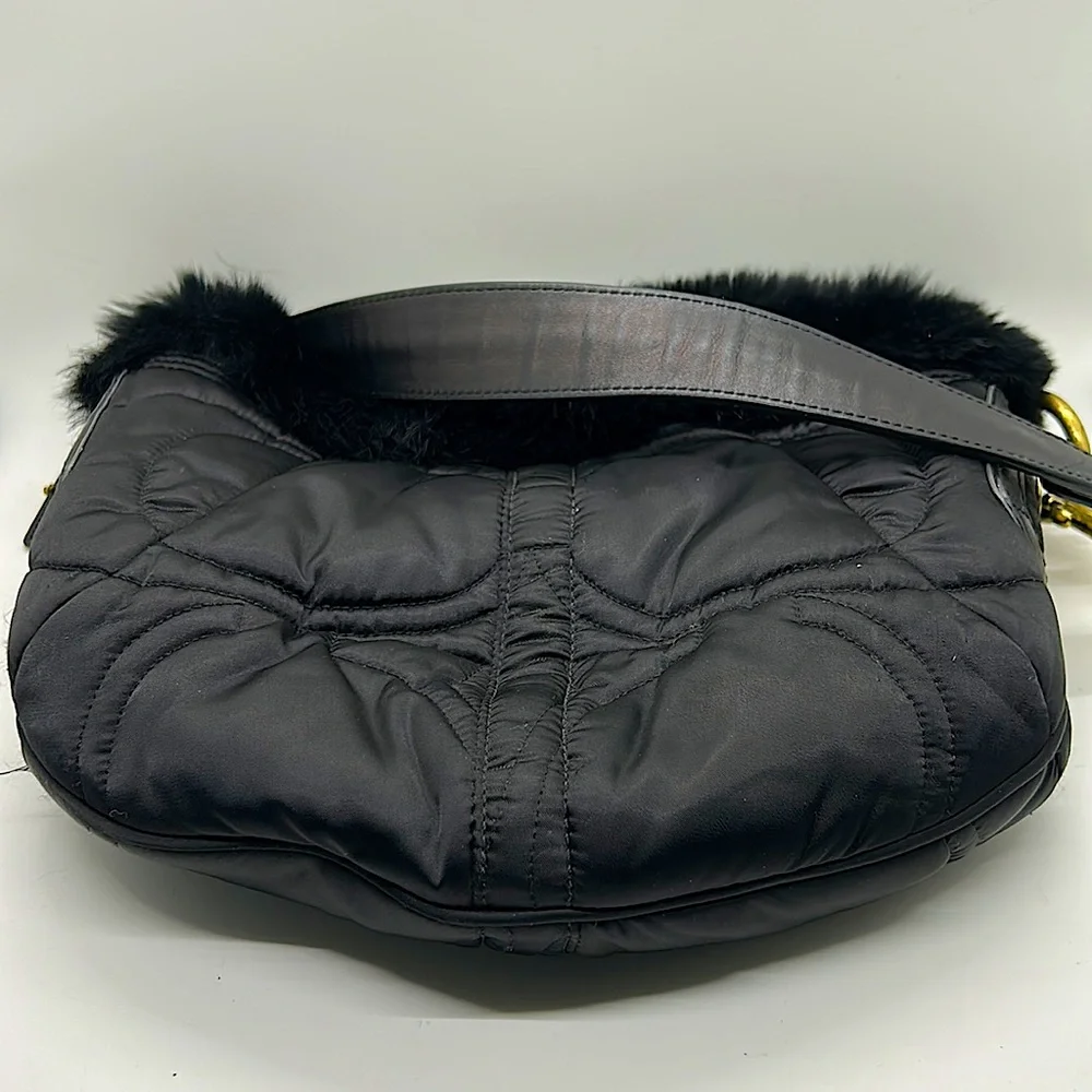 Coach Authentic Black Quilted Shoulder Bag with Rabbit Fur Trim - Picture 3 of 5